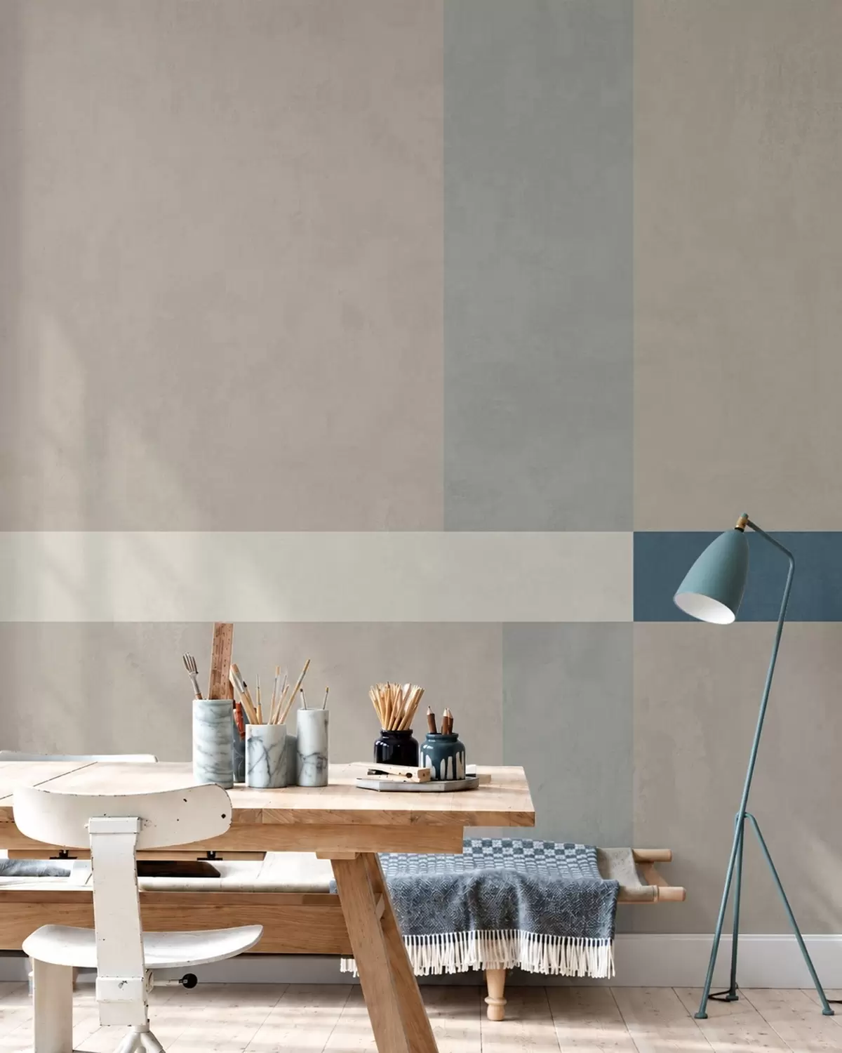 murales de pared Rectángulos abstractos en tonos beige y gris con un toque de azul w05891v2