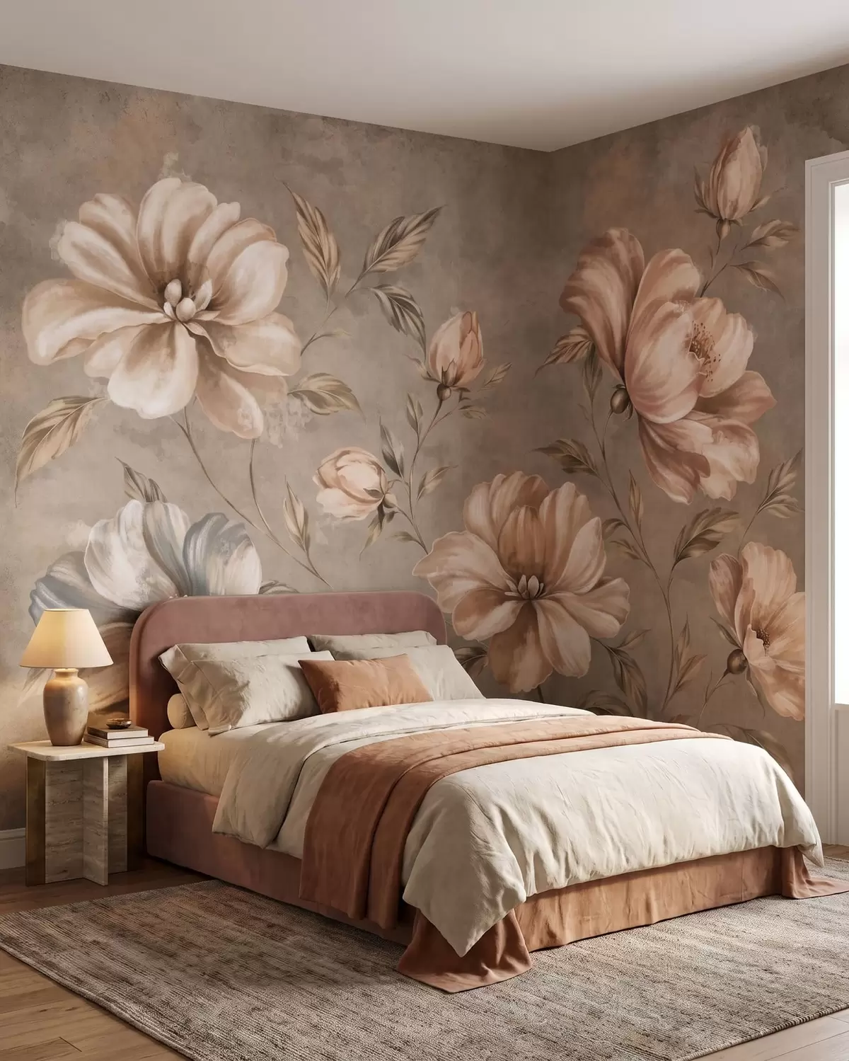 murales de pared Grandes flores de color crema y beige con hojas w05958