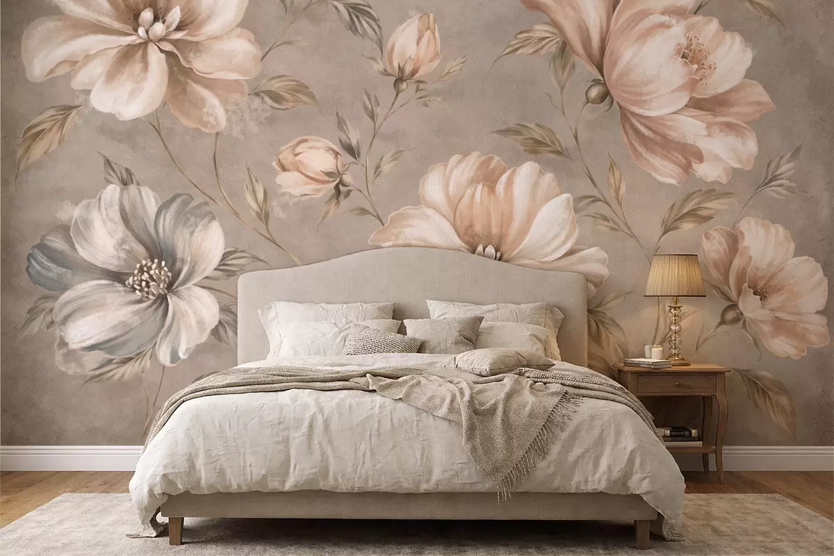 murales de pared Grandes flores de color crema y beige con hojas w05958