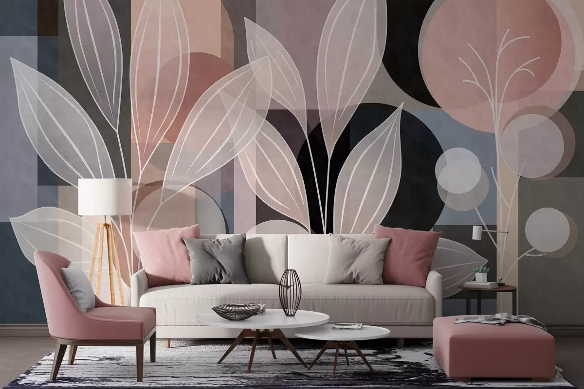murales de pared folaje estilizado sobre un fondo geométrico en tonos empolvados y oscuros w05987v1