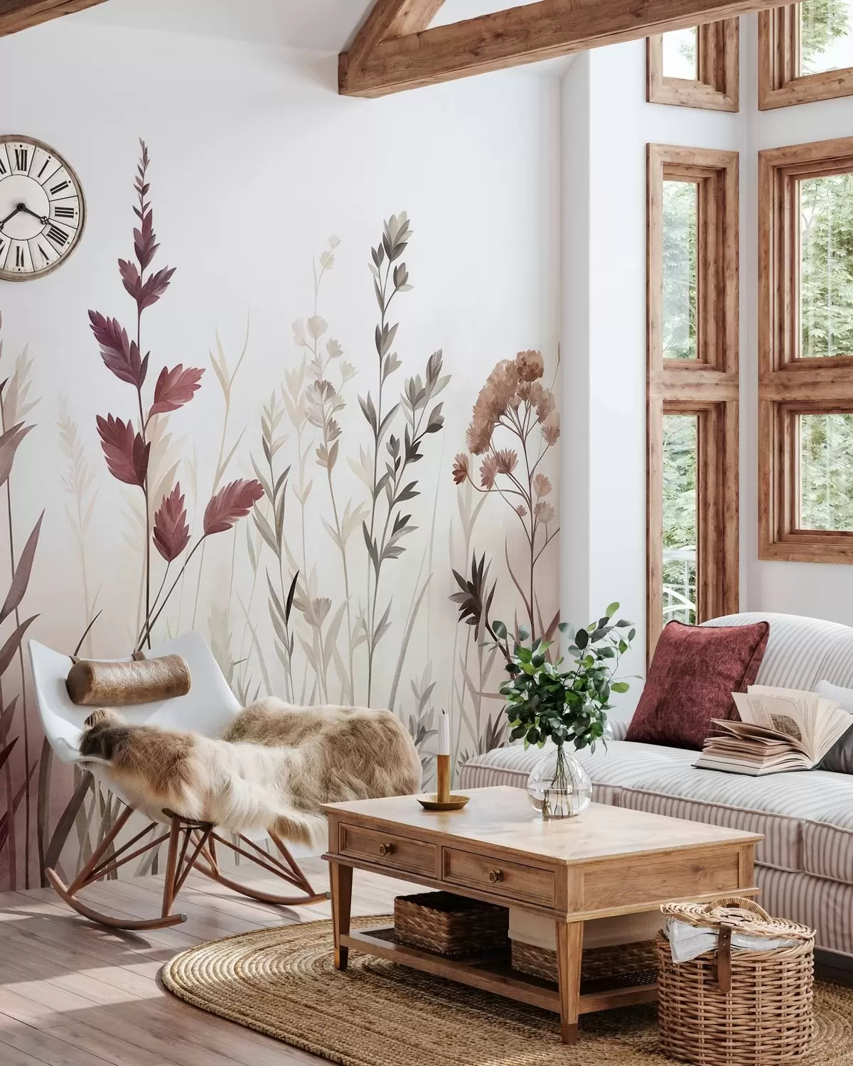 murales de pared Hierbas silvestres altas y flores silvestres en tonos tierra apagados, estética minimalista w10084