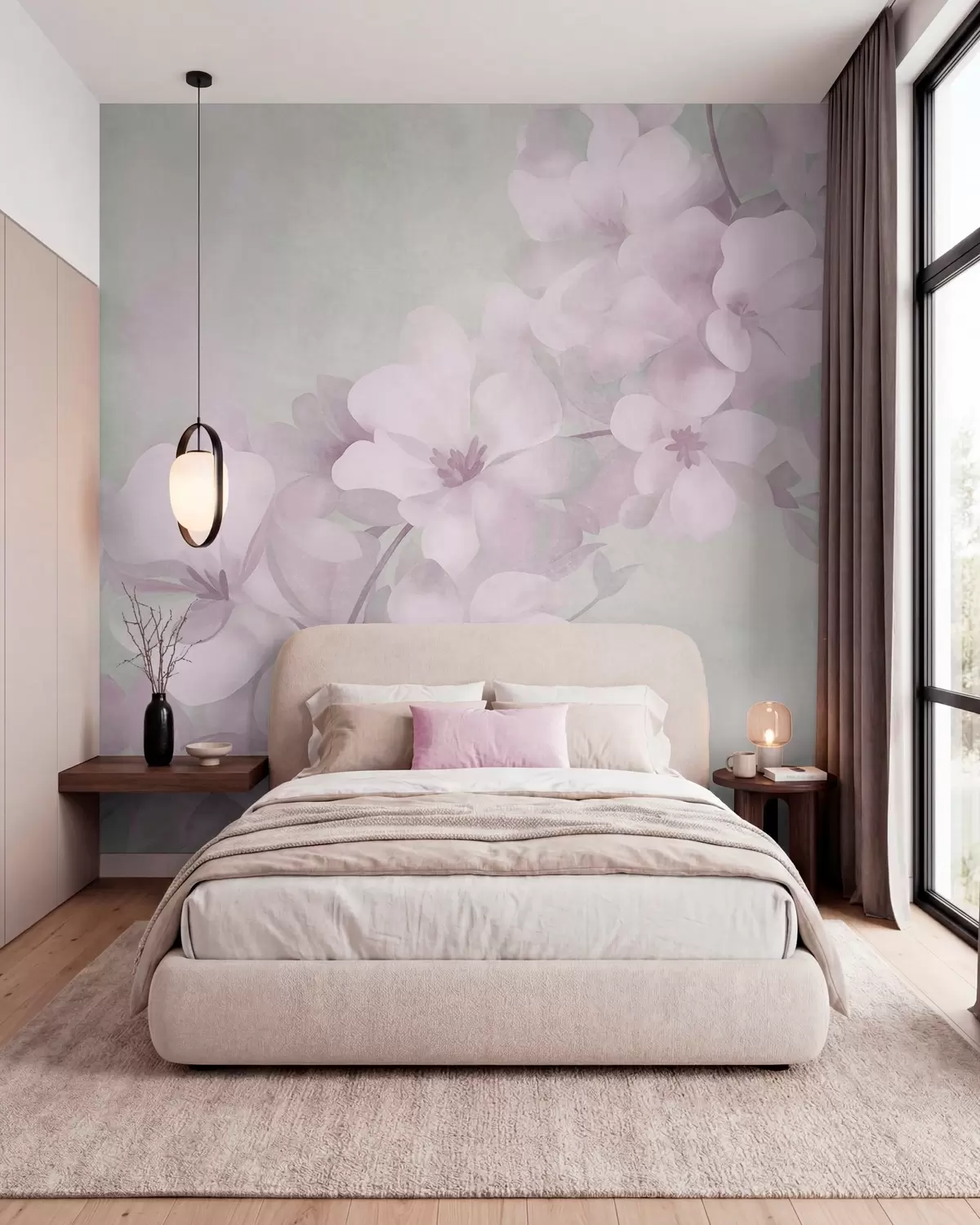 murales de pared Flores blancas en una rama, suaves tonos pastel, fondo verde claro con textura w10107v1