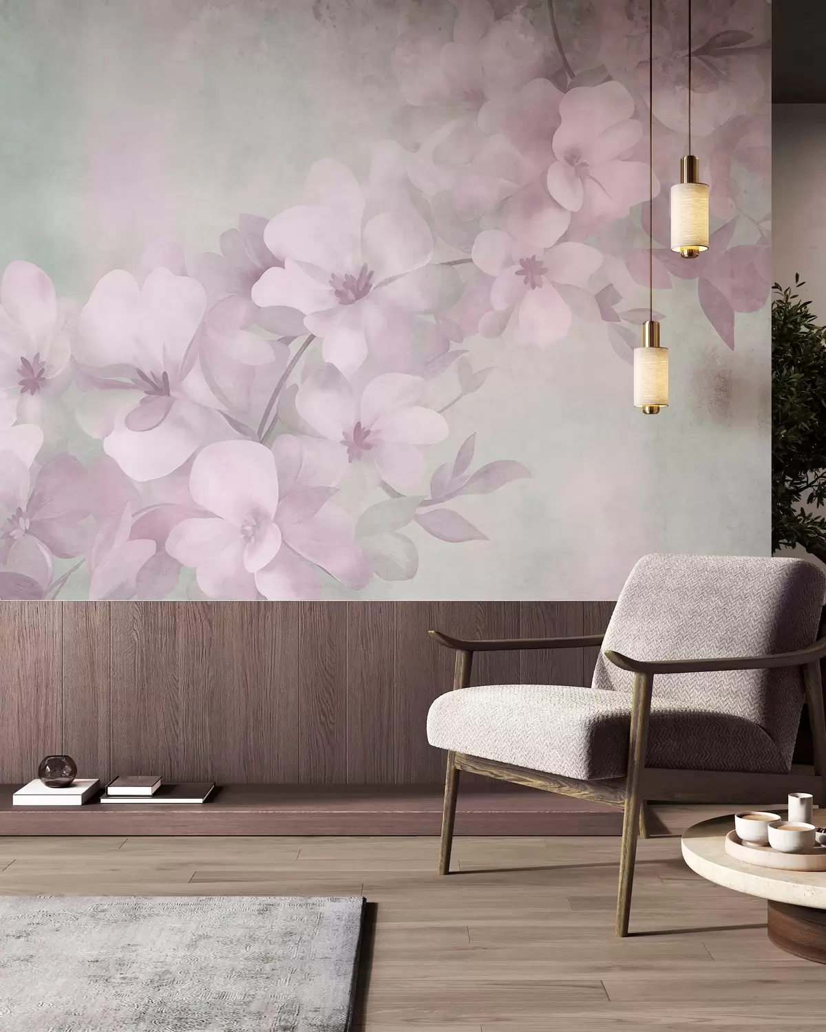 murales de pared Flores blancas en una rama, suaves tonos pastel, fondo verde claro con textura w10107v1