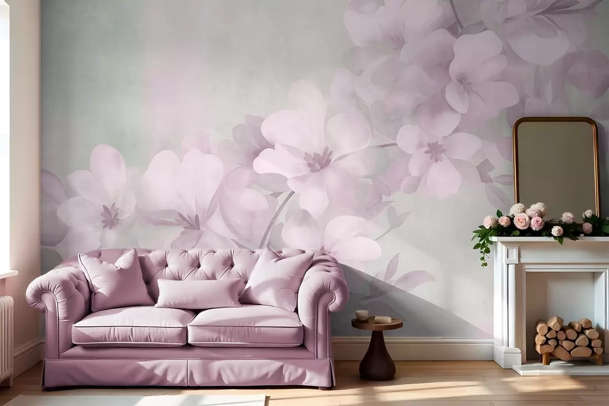 murales de pared Flores blancas en una rama, suaves tonos pastel, fondo verde claro con textura w10107v1