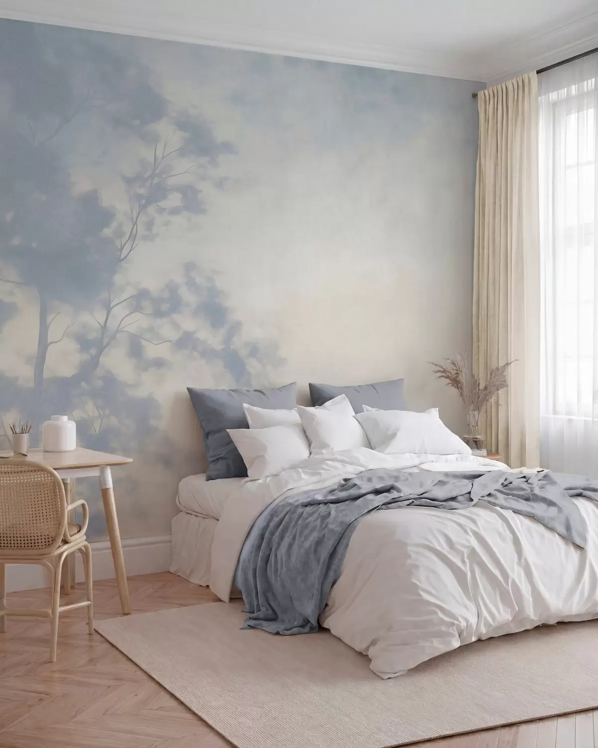 murales de pared Árbol con textura y ramas, sobre un fondo de color crema pálido y azul claro; arte minimalista w10108