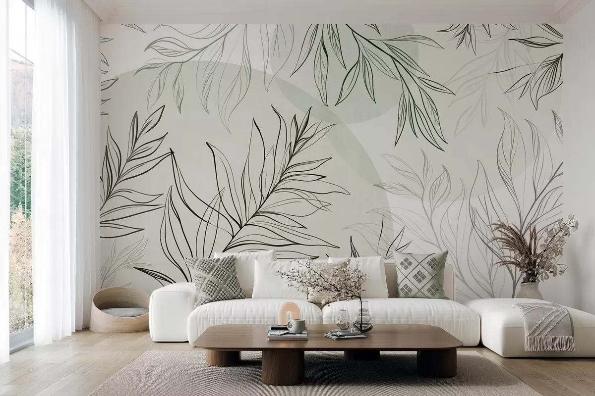murales de pared Dibujo minimalista de hojas y follaje tropicales, con formas circulares en tonos pastel w10111v2