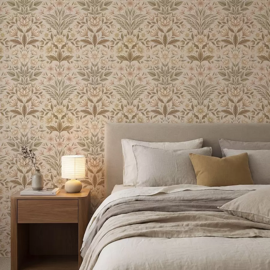 murales de pared Flores de melocotonero y hojas de color verde oliva sobre un fondo beige a01279v1
