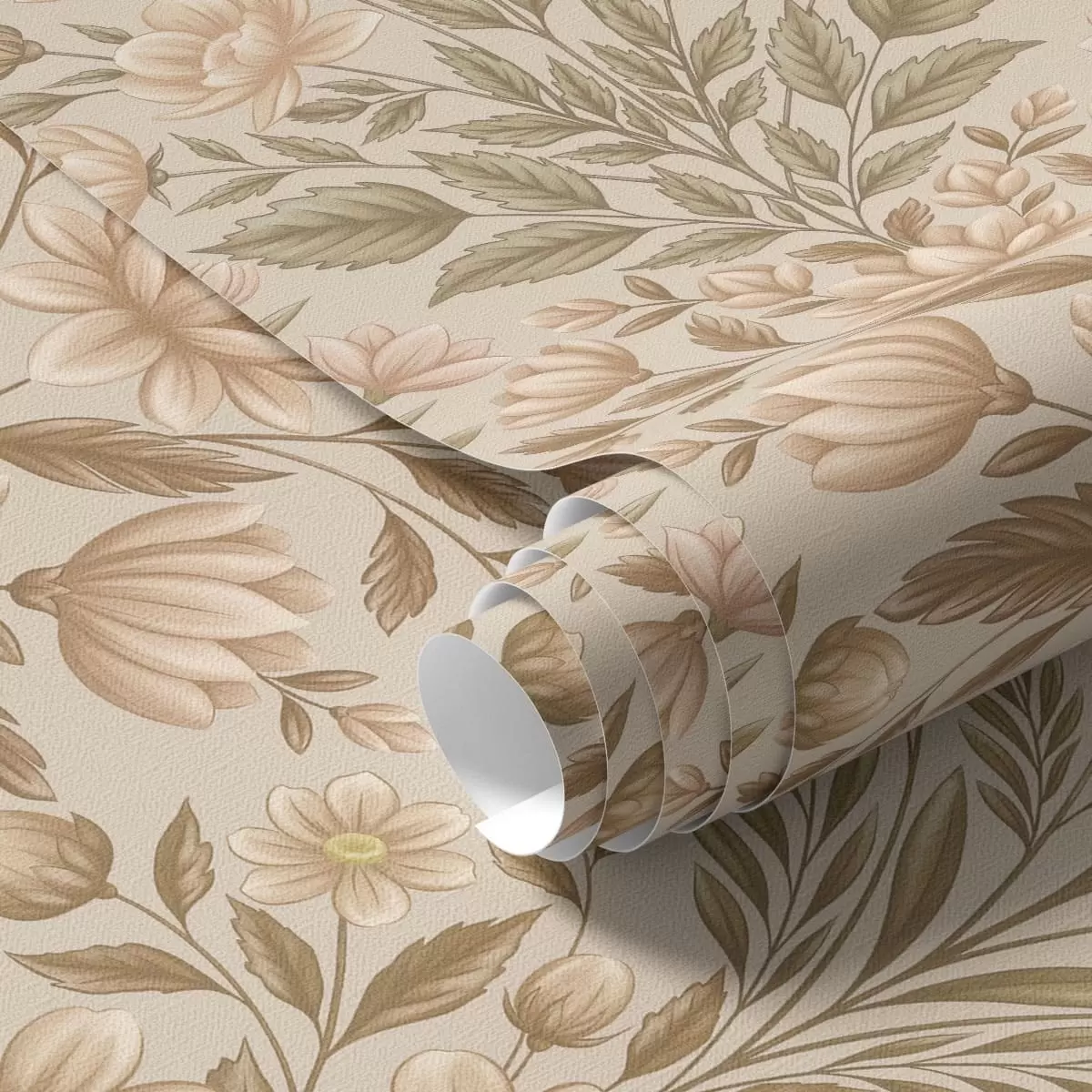 Papel pintado Flores de melocotonero y hojas de color verde oliva sobre un fondo beige a01279v1