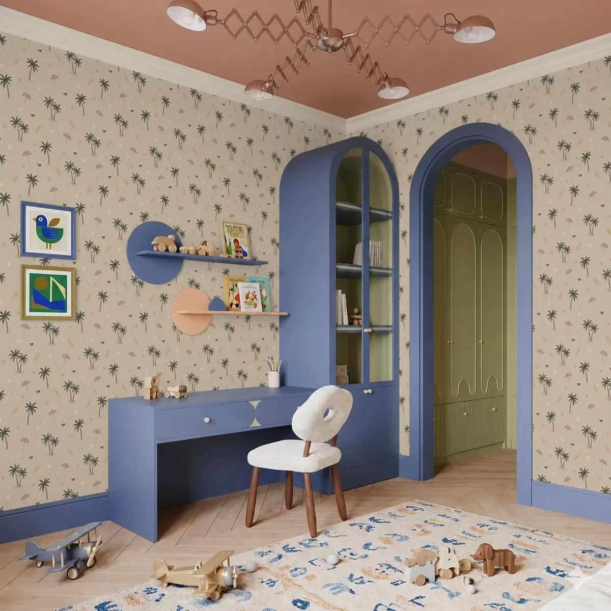 Papel pintado Palmeras tropicales, pájaros y sombrillas rosas sobre un fondo beige a01280v2