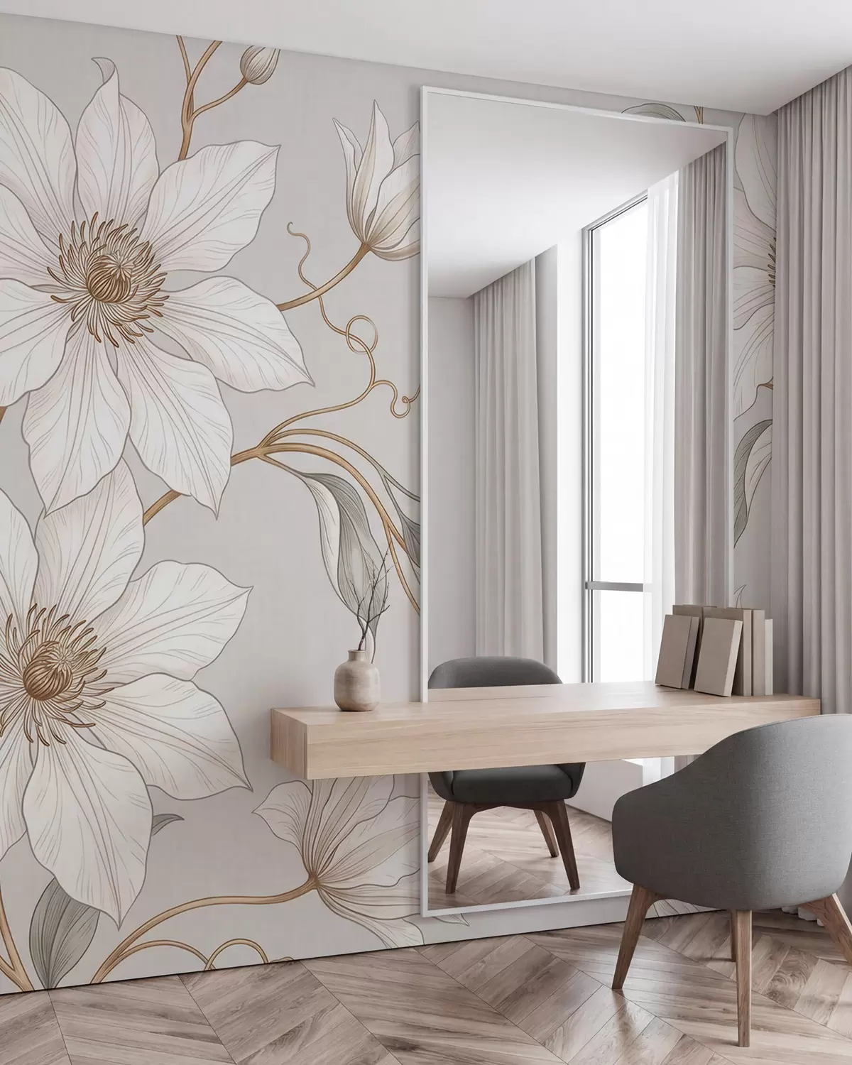 murales de pared Elegantes flores botánicas blancas con delicadas ramas w10099