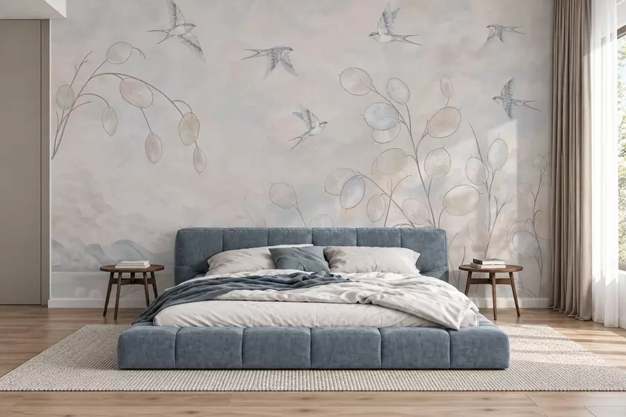 murales de pared Golondrinas entre delicadas plantas, con el lago y las montañas de fondo w05892