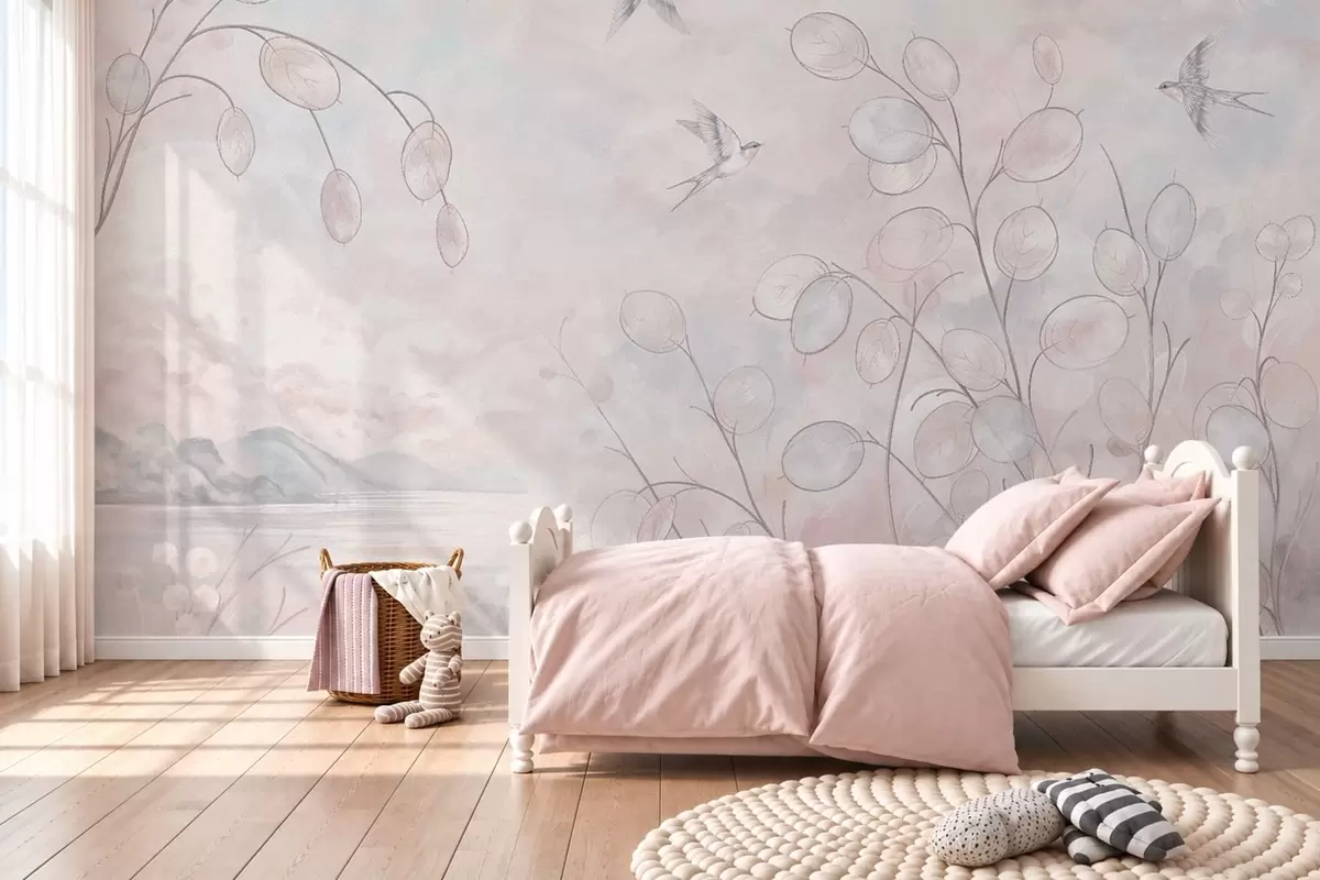 murales de pared Golondrinas y plantas delicadas en tonos pastel w05892v1