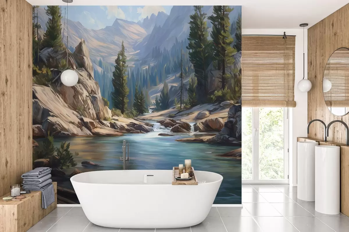 murales de pared Una vista pintoresca del río, en medio de las tranquilas montañas w05868