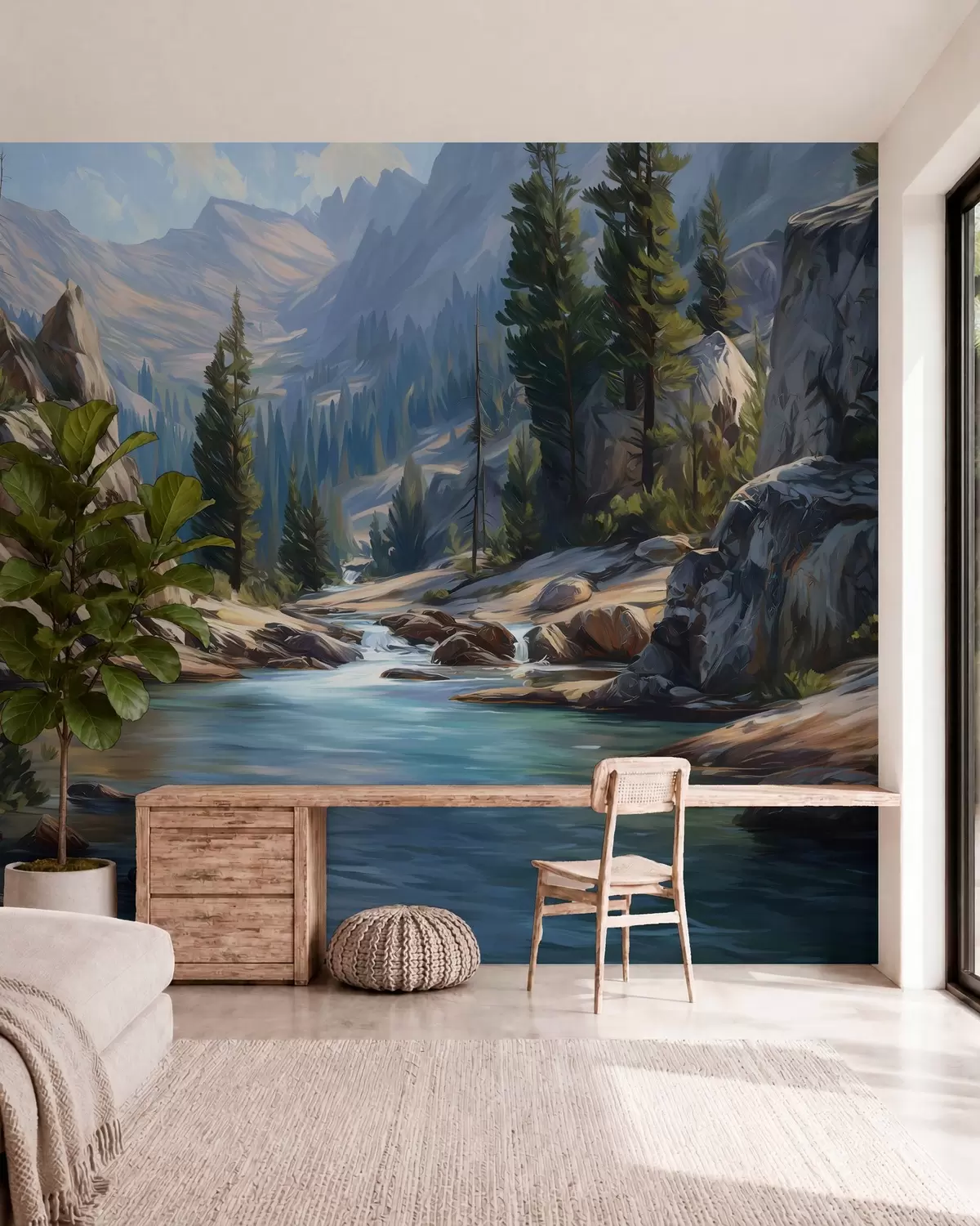 murales de pared Una vista pintoresca del río, en medio de las tranquilas montañas w05868