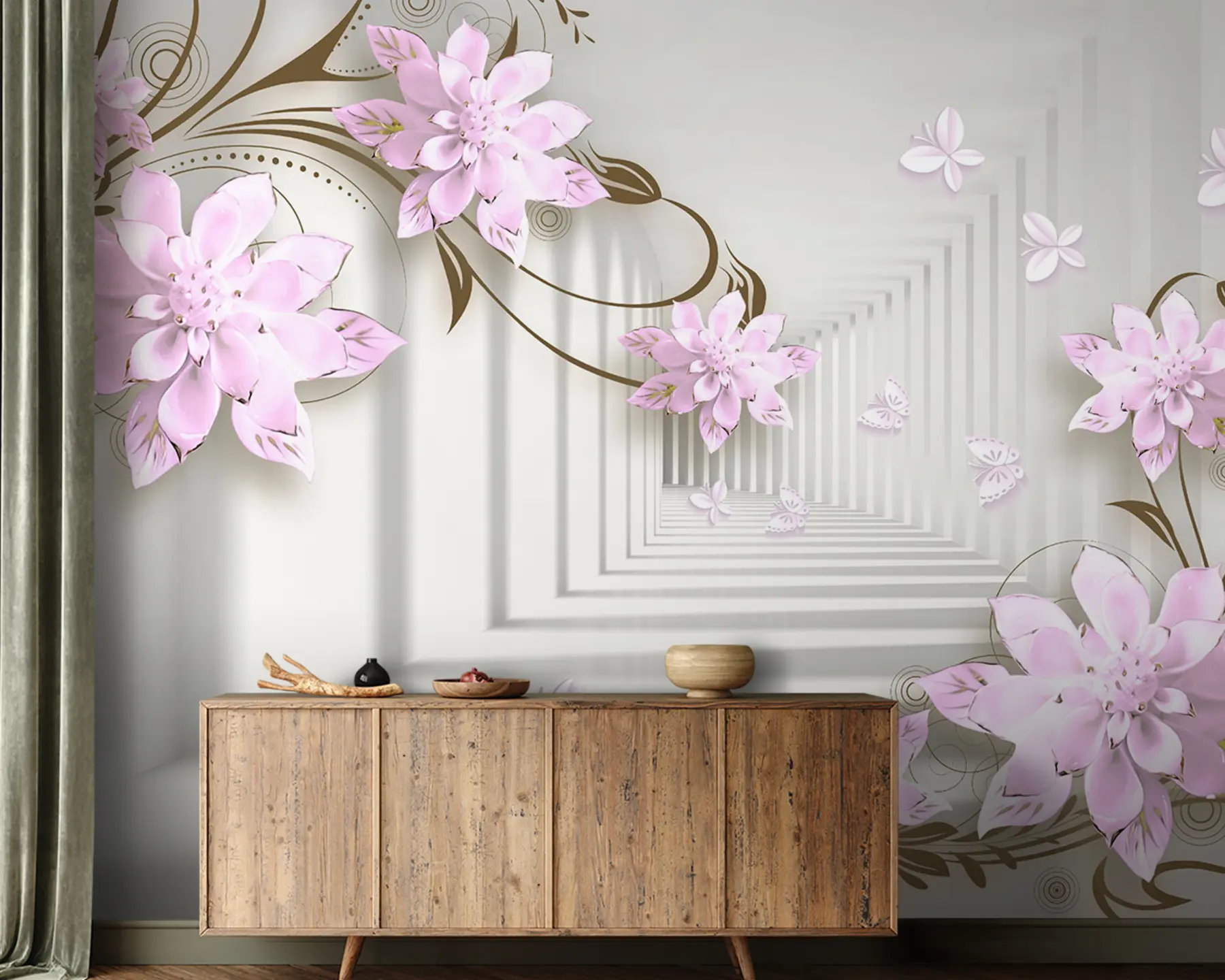 murales de pared Pink flowers in 3d tunnel u21861v3