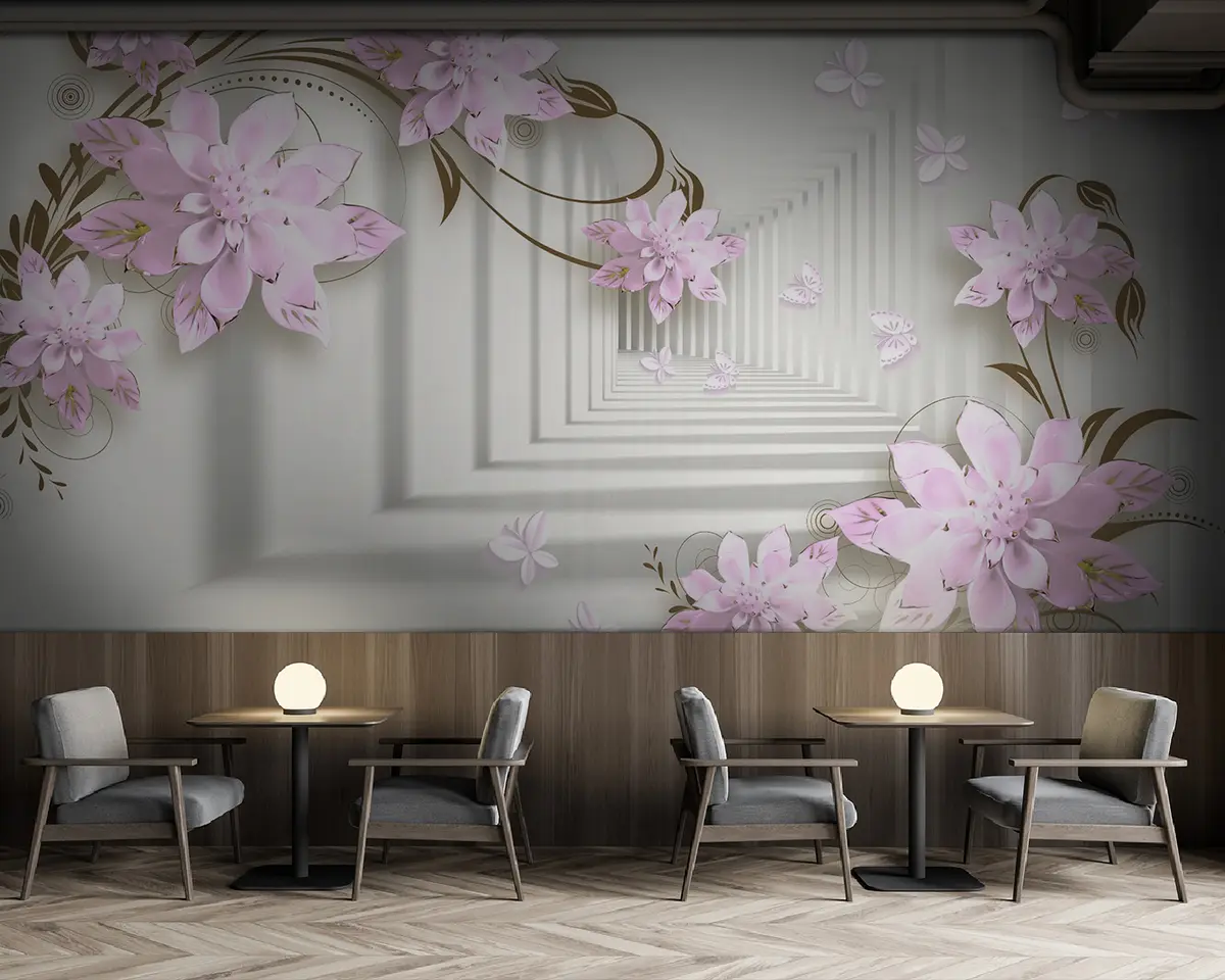 murales de pared Pink flowers in 3d tunnel u21861v3