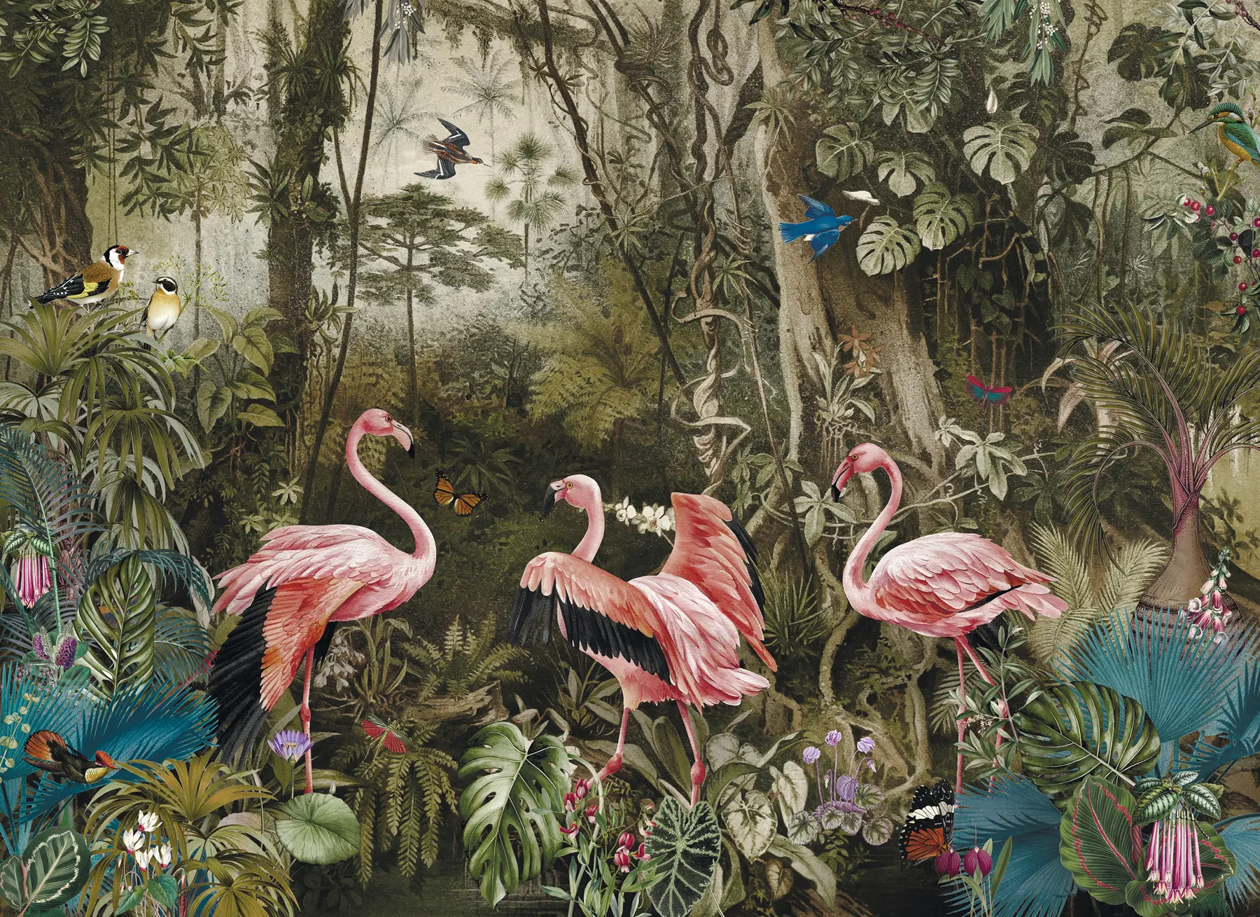 murales de pared Pájaros tropicales y flamencos en la jungla u73568