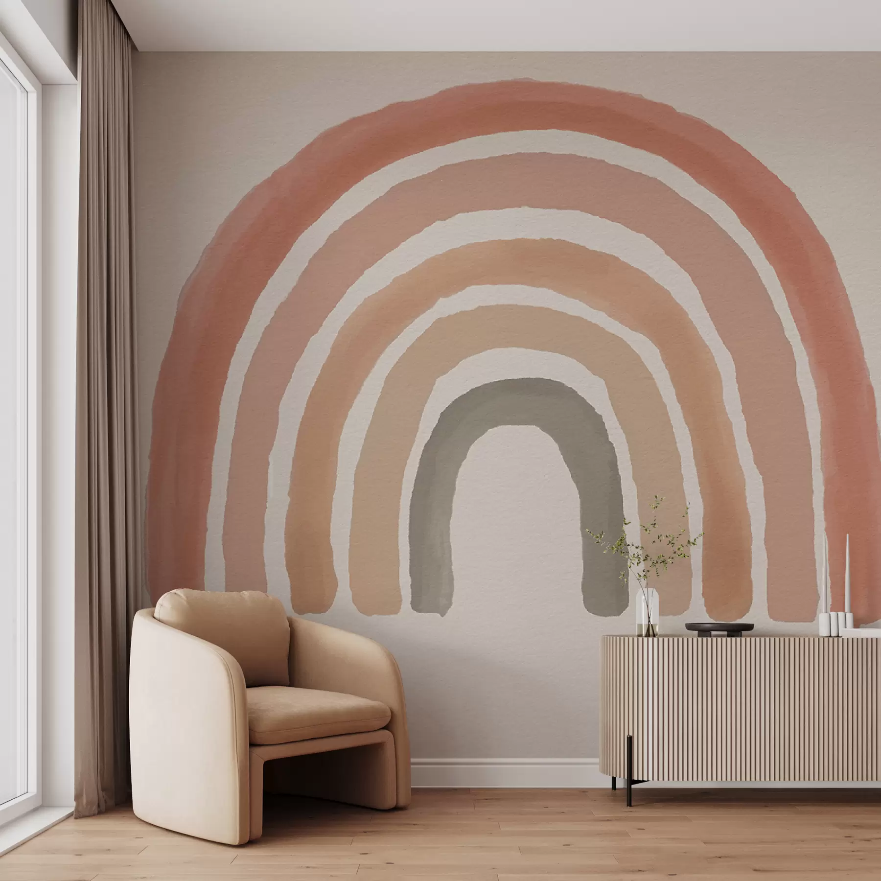 murales de pared papel pintado estilo boho: melocotón coral, arco iris rosa. Arco iris pastel de pared rosa u93566