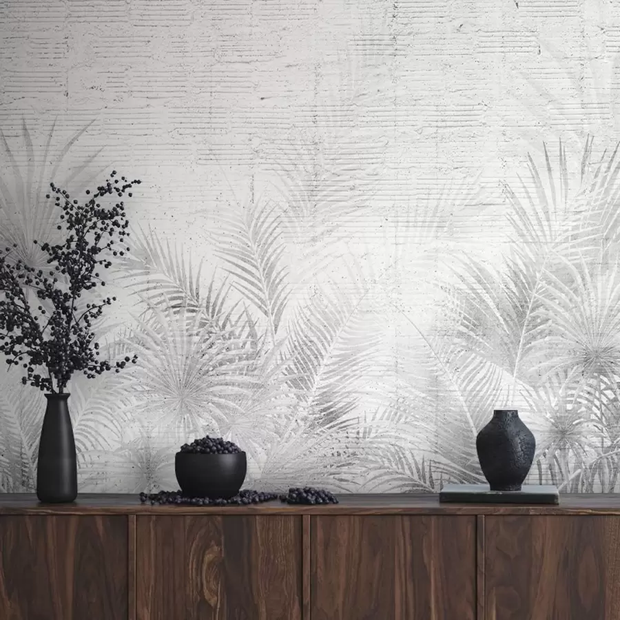 murales de pared Pared grunge en blanco y negro con hojas tropicales u74401