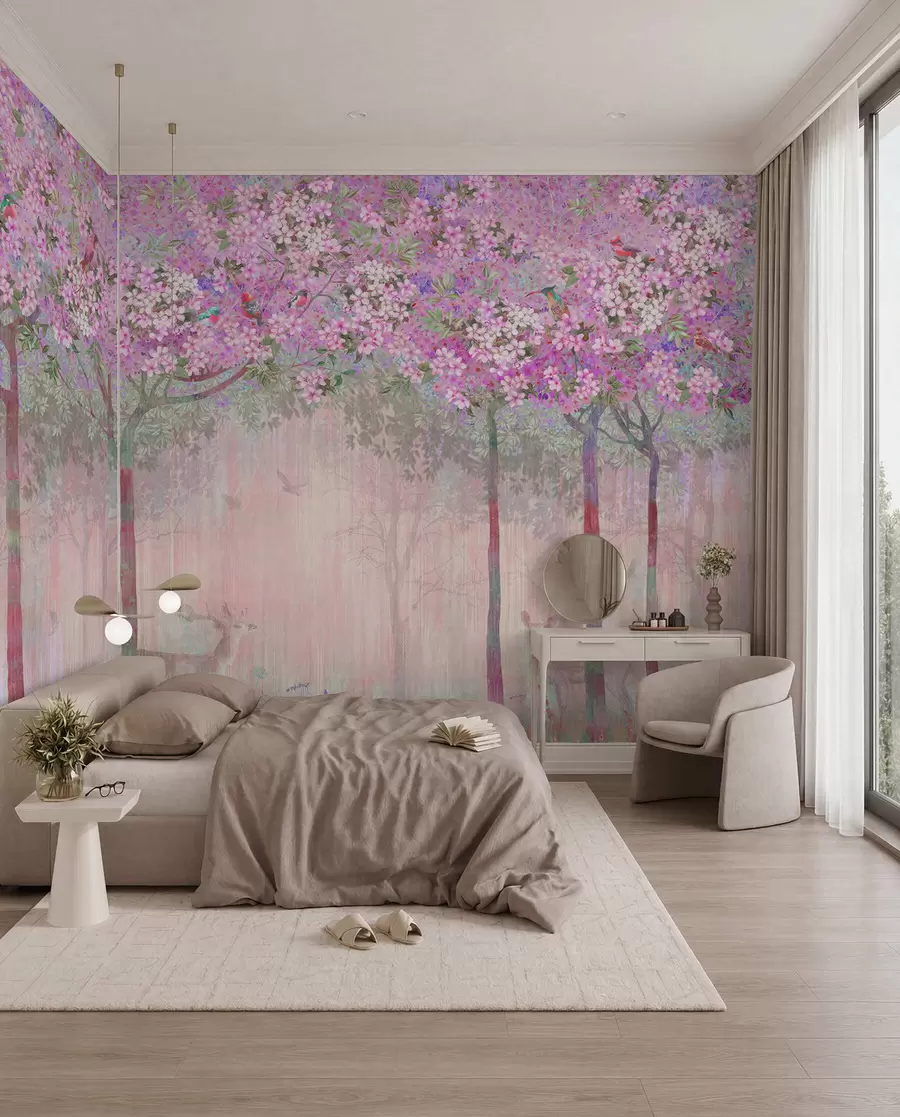 murales de pared Árboles en flor con troncos largos, ciervos entre los árboles u62100v3