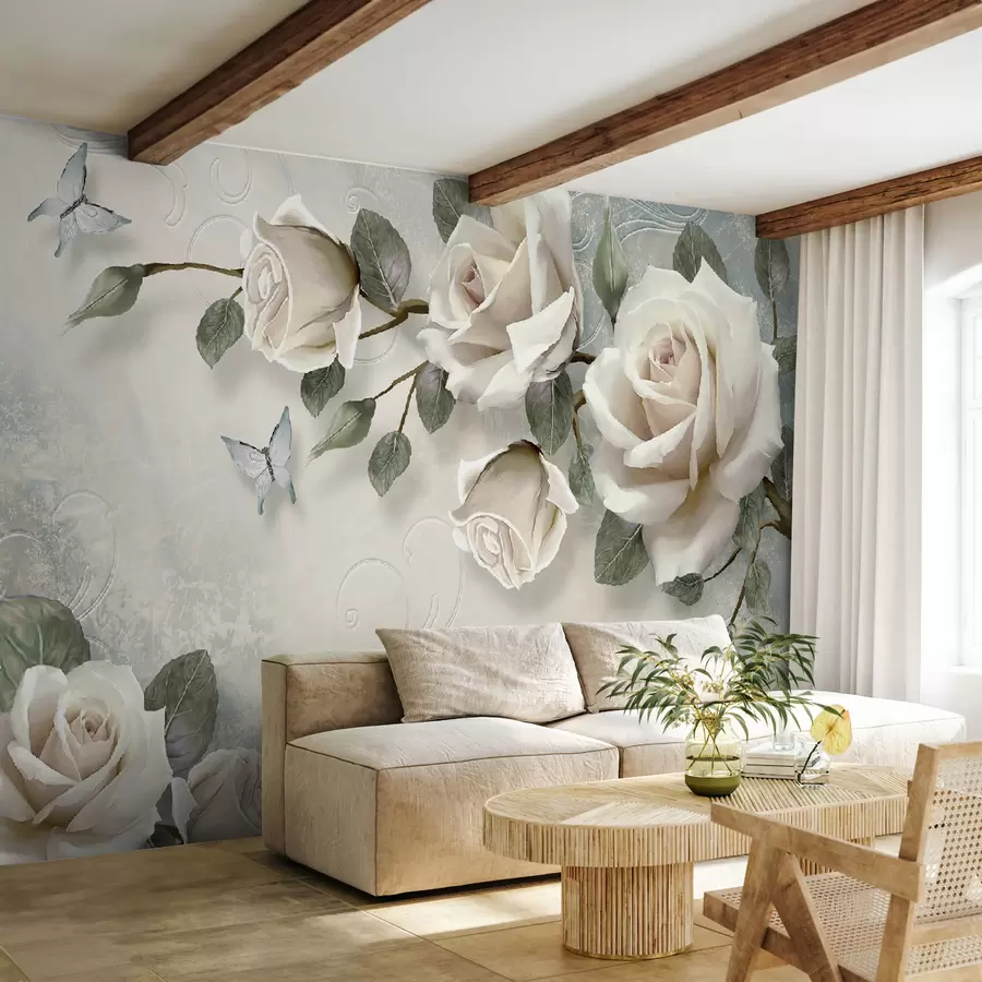murales de pared rosas crema, mariposas u80191
