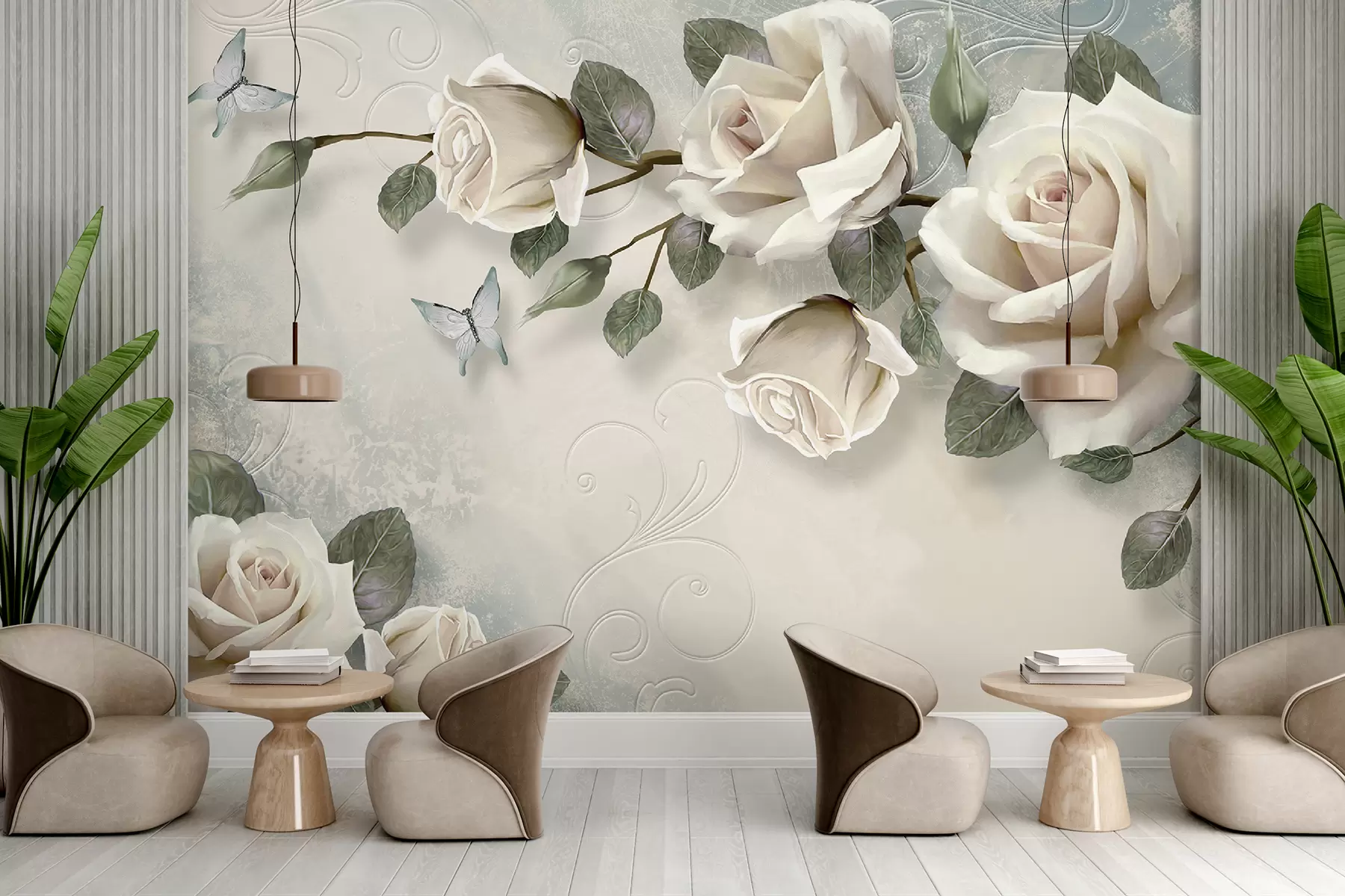 murales de pared rosas crema, mariposas u80191