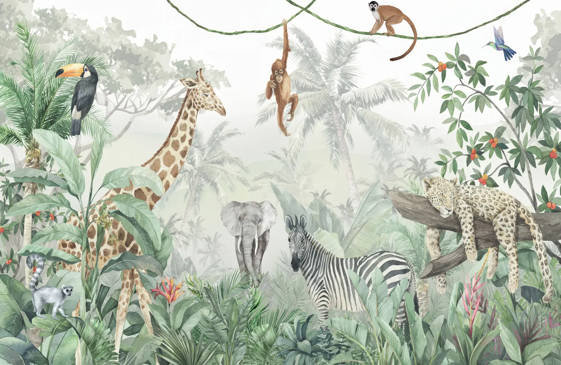 murales de pared Panorama de la jungla con animales u74709