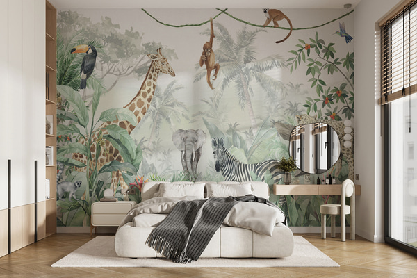 Fotomurale Papel pintado Panorama de la jungla con animales, Fotomurales Infantiles, u74709 : uwalls.com.py