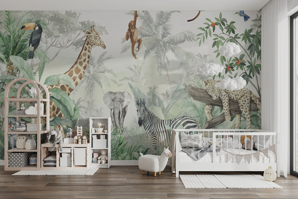 Fotomurale Papel pintado Panorama de la jungla con animales, Fotomurales Infantiles, u74709 : uwalls.com.py