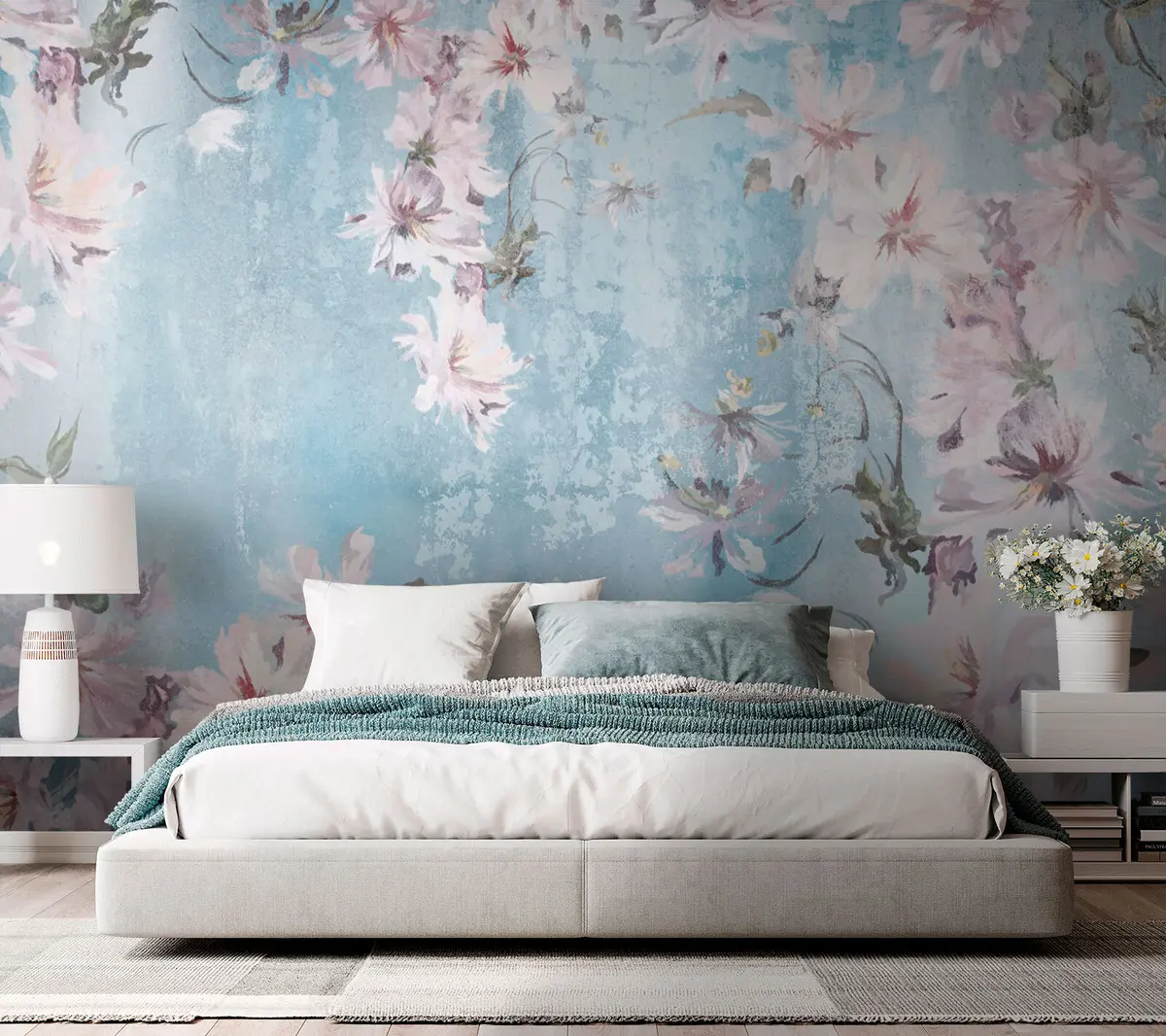 murales de pared Flores blancas y ramas sobre un fondo azul u74733