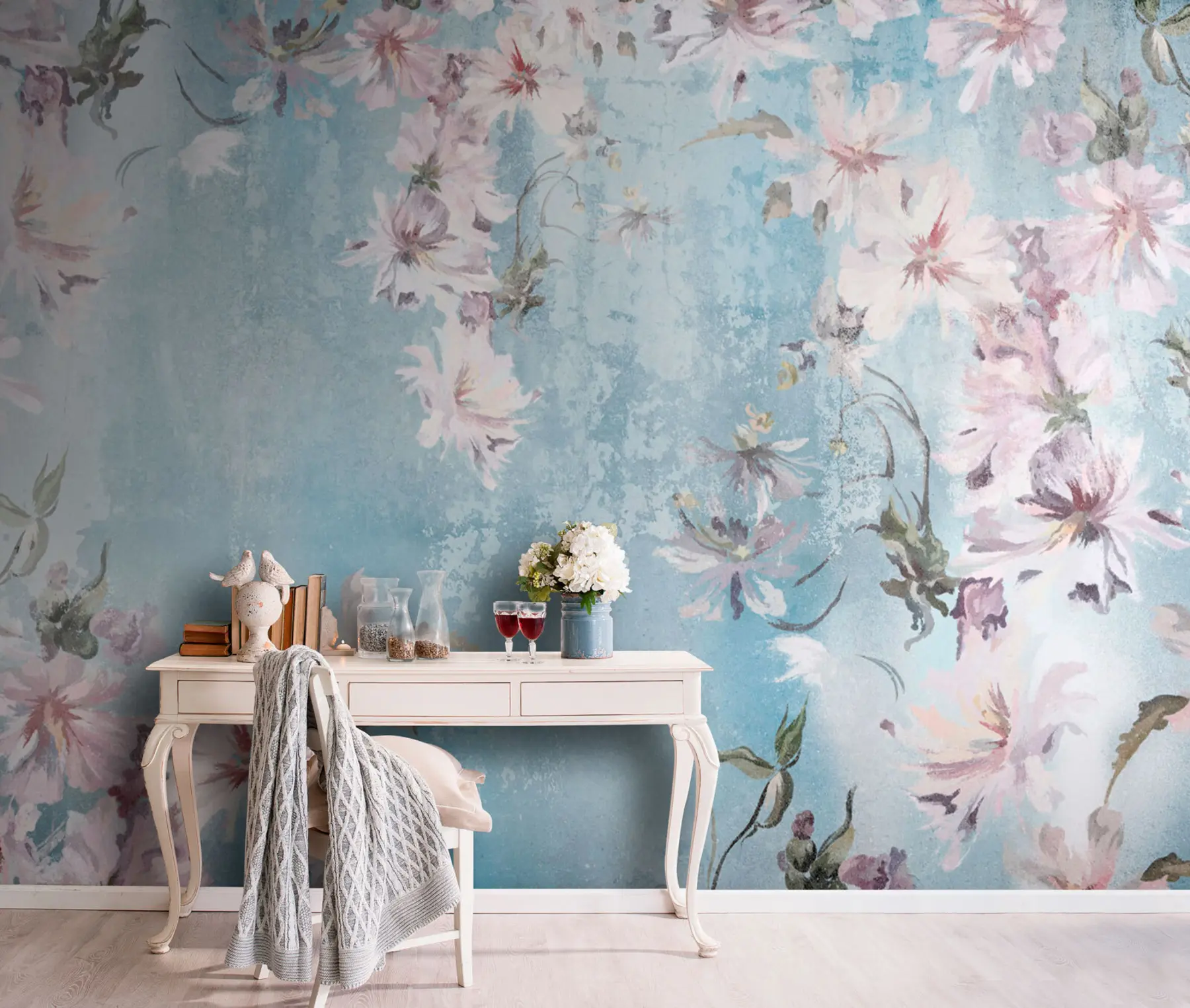 murales de pared Flores blancas y ramas sobre un fondo azul u74733