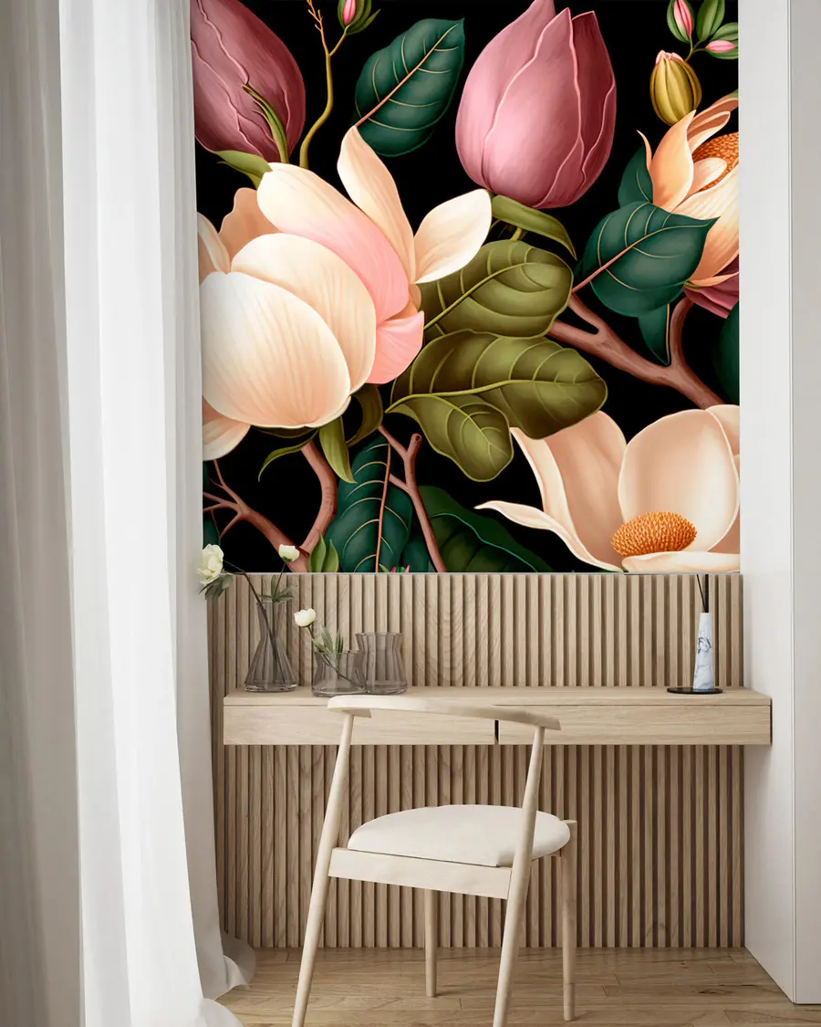 murales de pared Ramo de flores en una rama de árbol sobre un fondo negro u74756