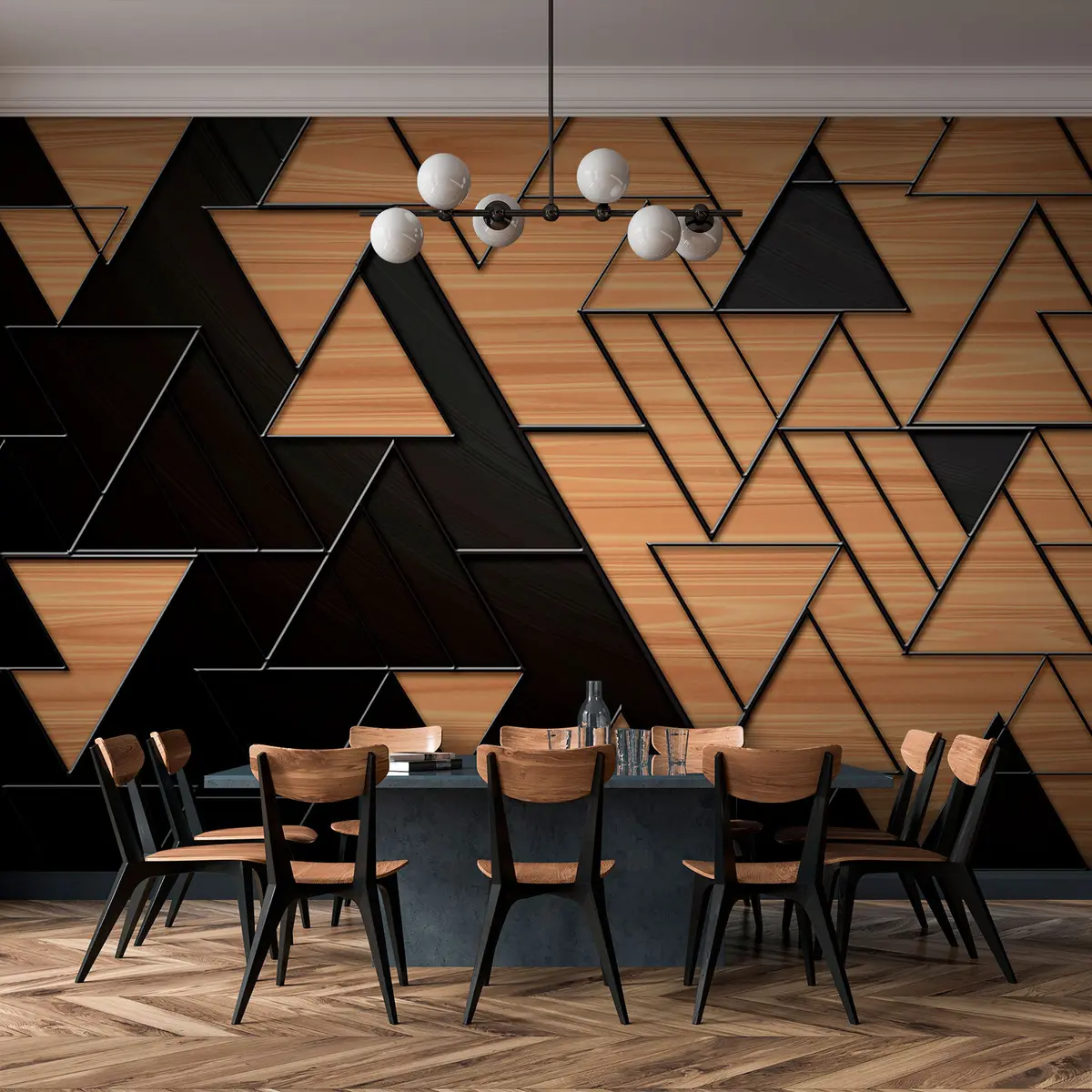 murales de pared triángulos 3D gris oscuro y veteado de madera con líneas en relieve u75167