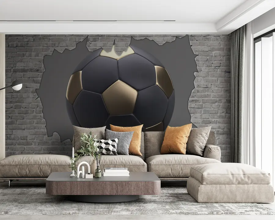 murales de pared Bola de fútbol contra el fondo de una pared de ladrillo u94058
