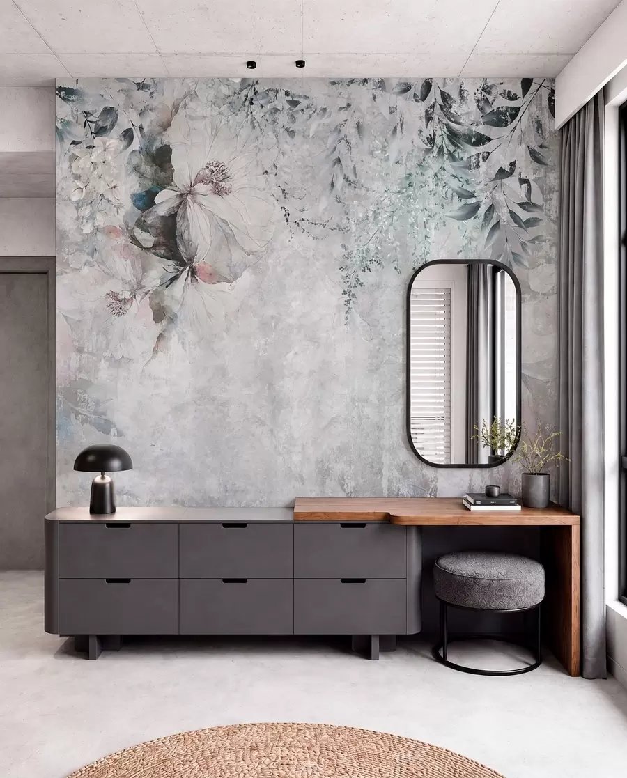 murales de pared Estilo grunge con ramas y capullos blancos u74746