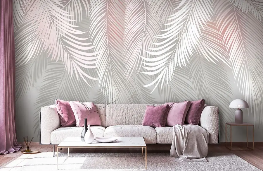 murales de pared Exclusivas hojas de palmera con un tinte rosado u94130