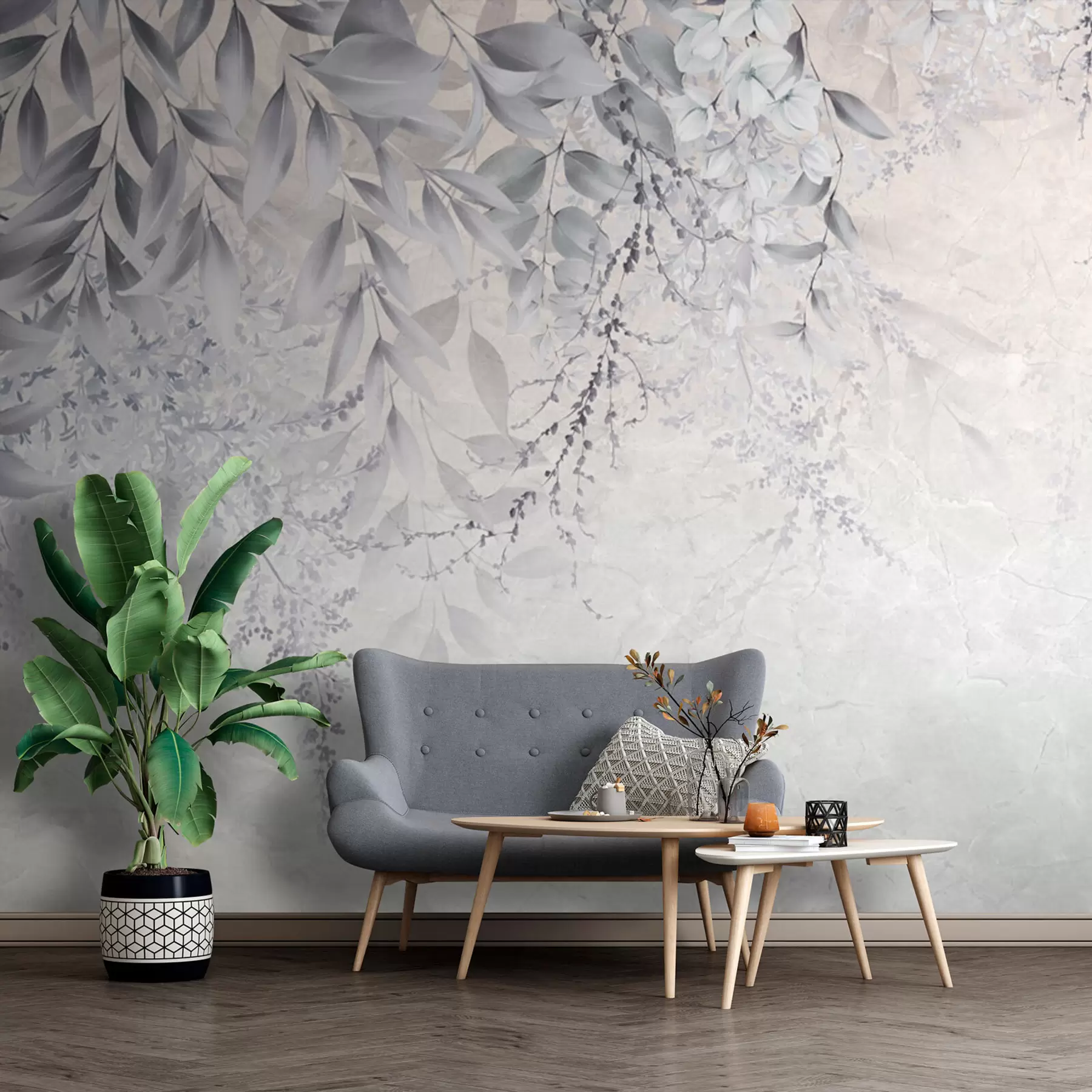 murales de pared Hojas grises con flores u94228