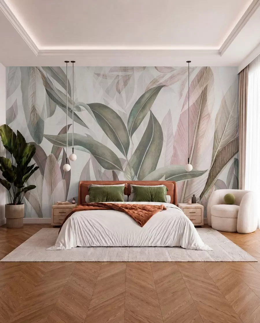 murales de pared Hojas de palma verdes y rosadas u94302