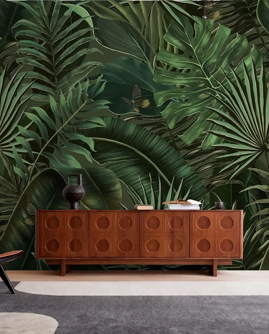 murales de pared Patrón tropical con palmeras verdes tropicales, hojas de plátano u94341