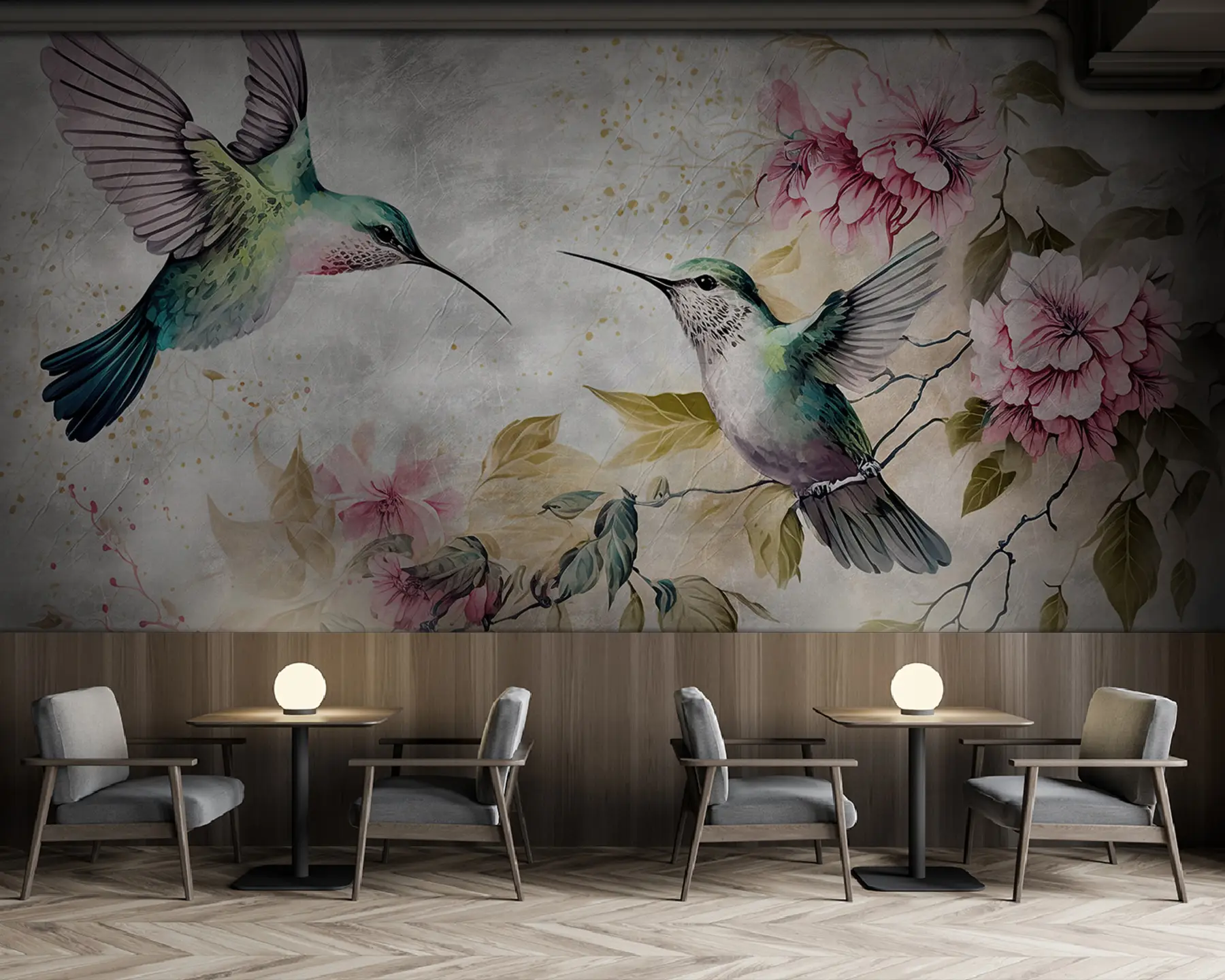 murales de pared Colibríes de acuarela en una rama u93994