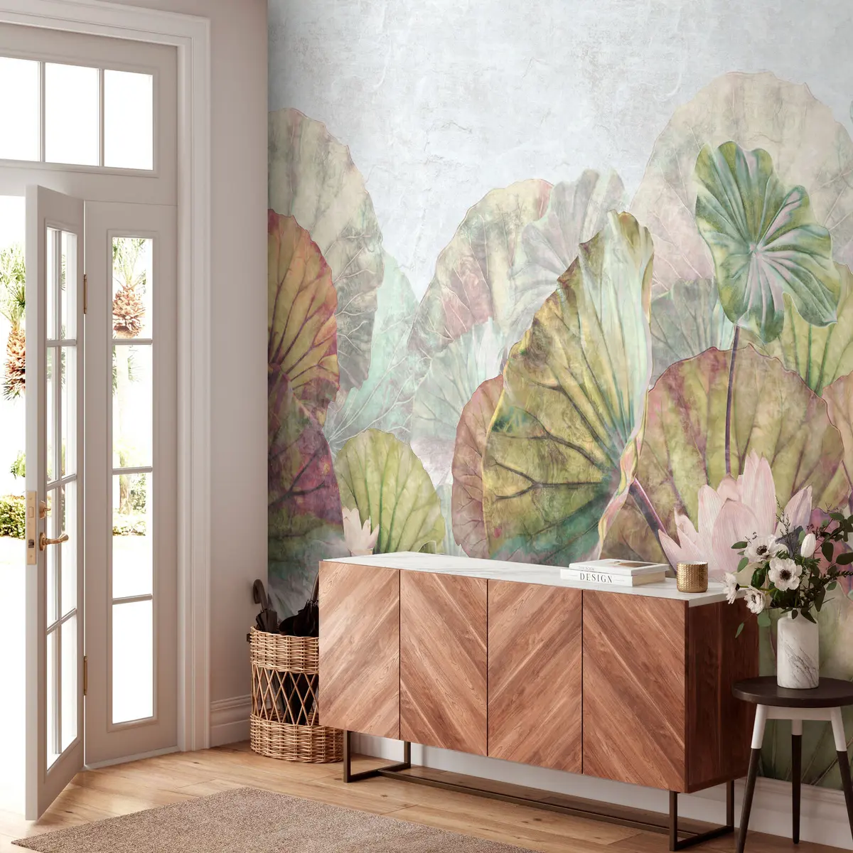 murales de pared Nenúfares verdes y lirios rosas con textura grunge u94272