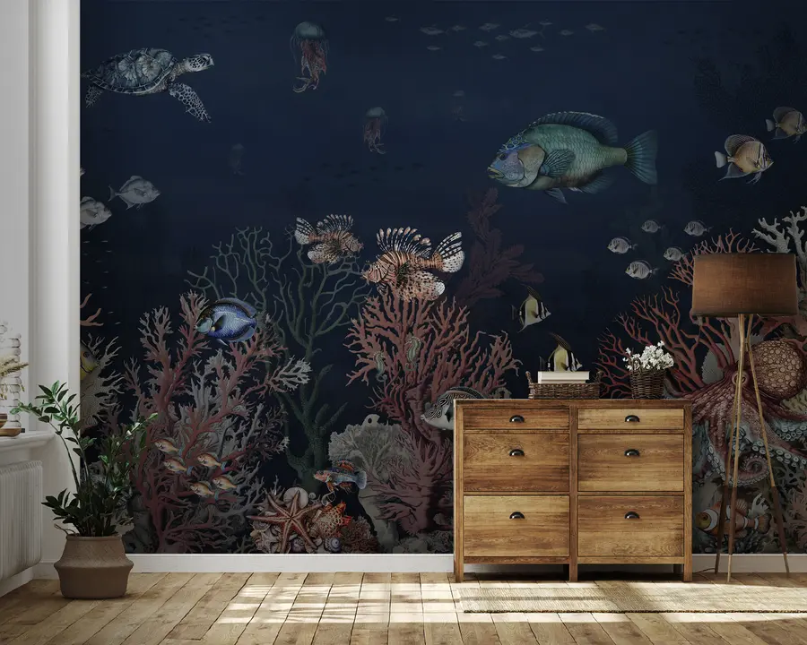 murales de pared Arrecifes de coral y peces en las profundidades de la bahía u94467