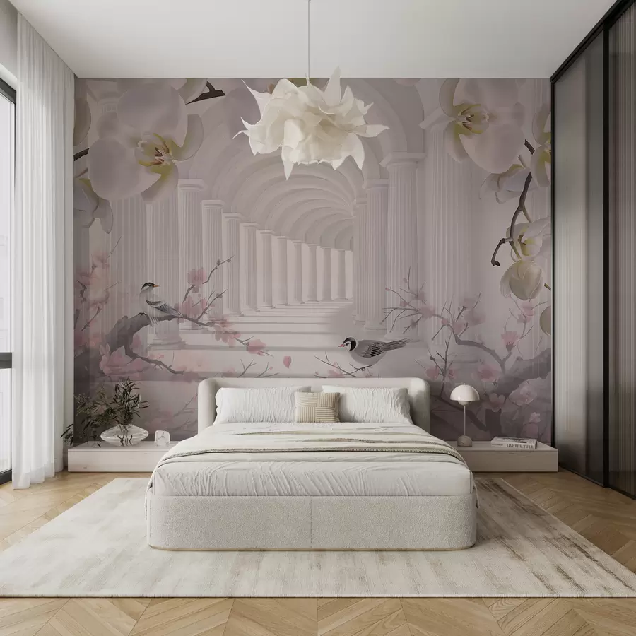 murales de pared Hermoso túnel con pájaros y orquídeas u94513