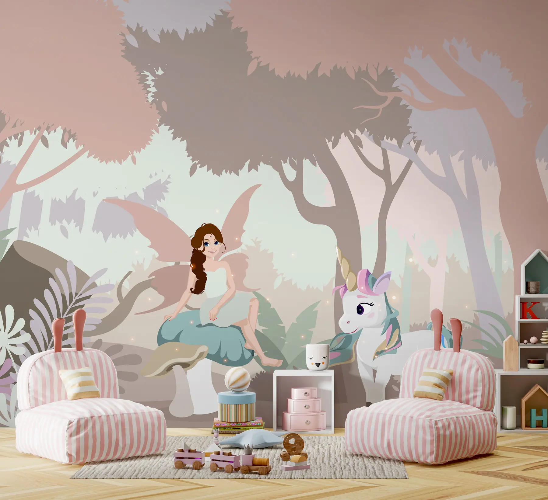 murales de pared Princesa con unicornio en bosque rosa u95038