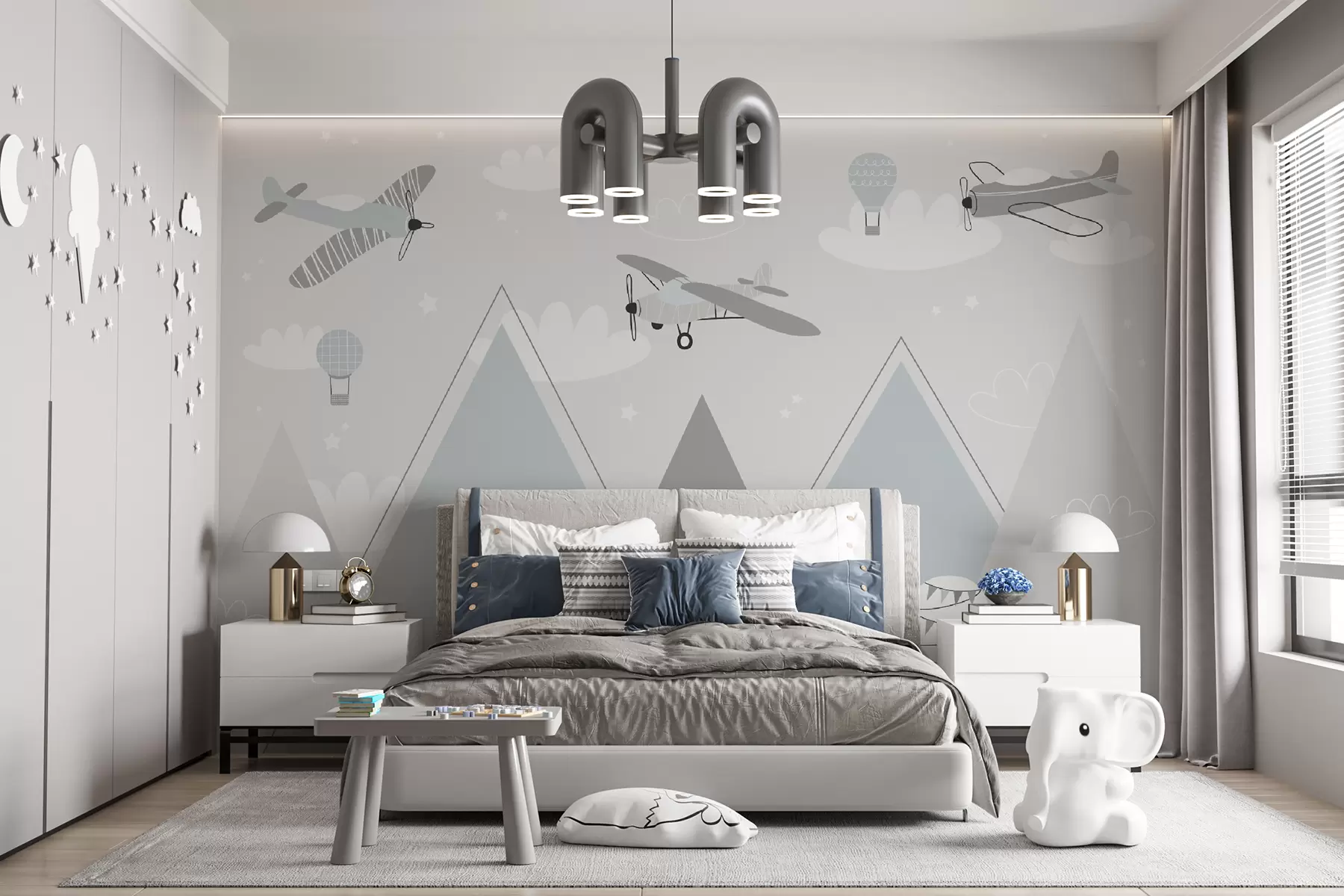 murales de pared Montañas, aviones, aviones y estrellas al estilo escandinavo. u95044