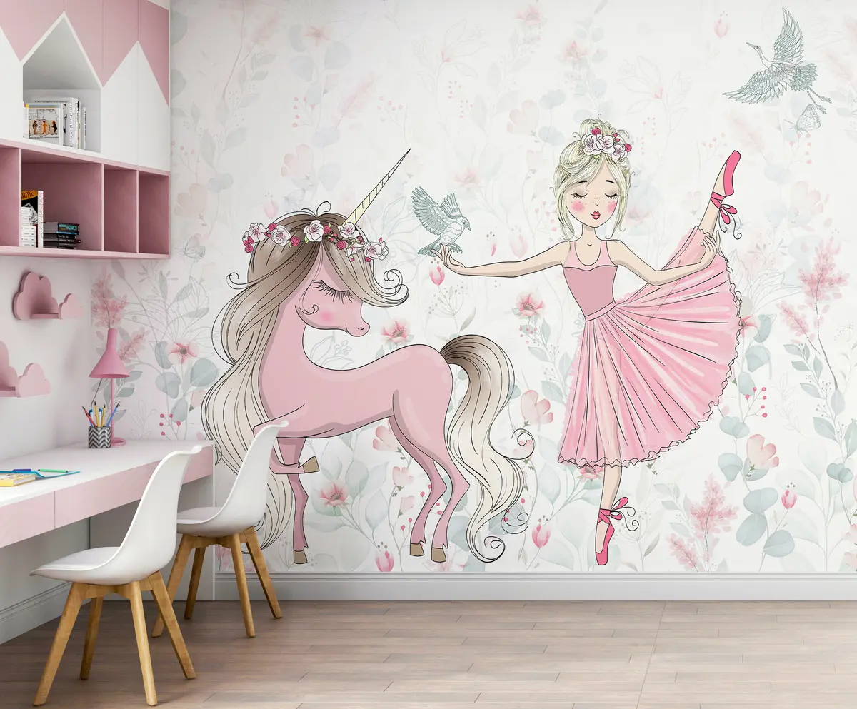 murales de pared Princesa y unicornio rosa u95007