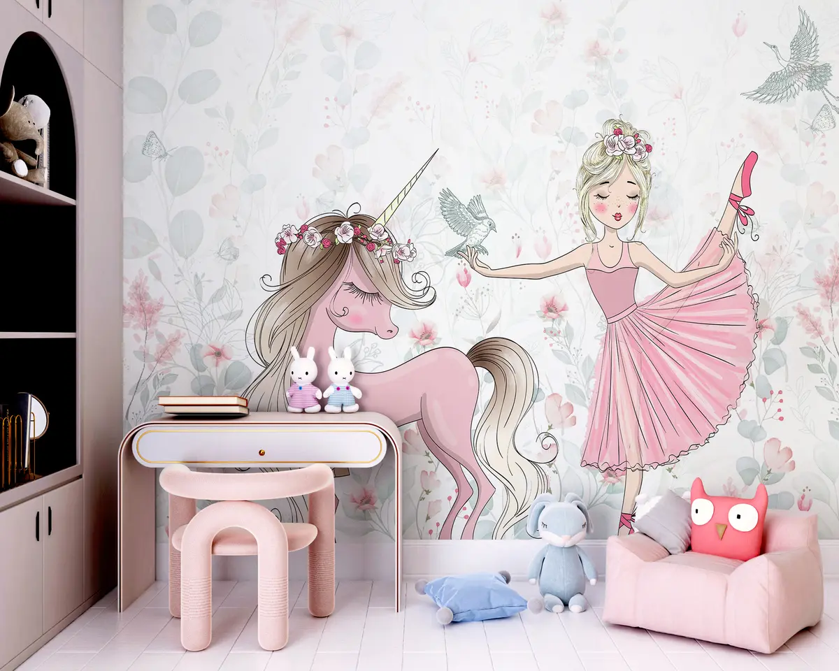 murales de pared Princesa y unicornio rosa u95007