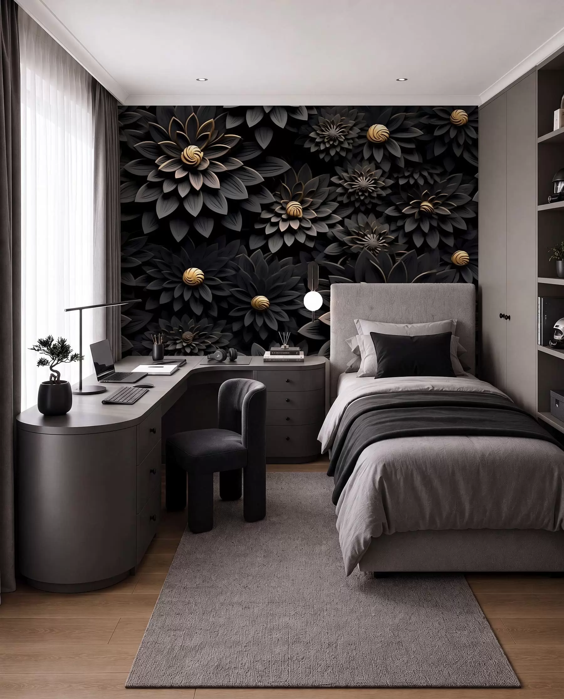 murales de pared Flores negras con efecto 3D u95249