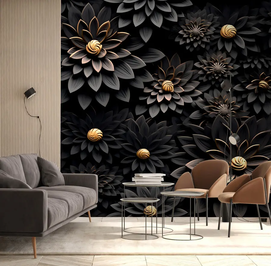 murales de pared Flores negras con efecto 3D u95249