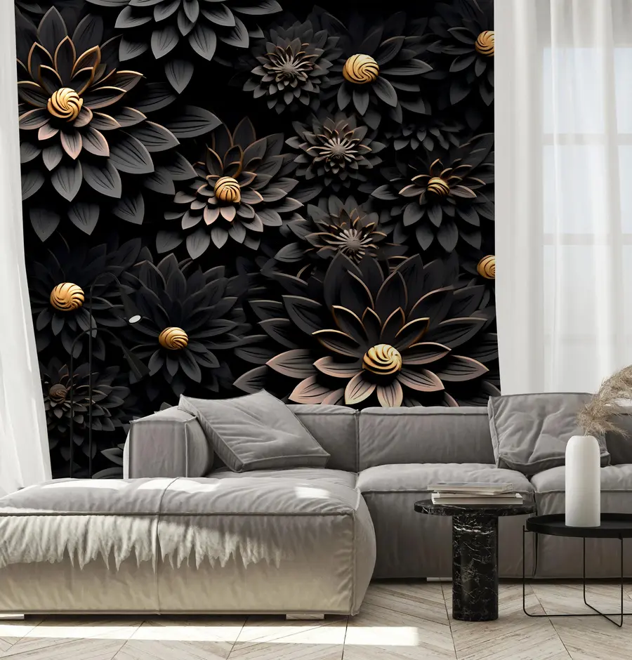 murales de pared Flores negras con efecto 3D u95249